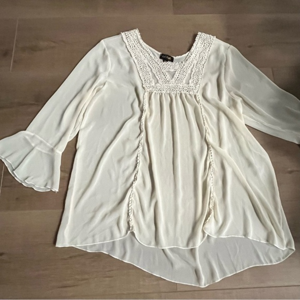 Cal Style USA 2XLSheer‎ Bell Sleeve Peasant Blouse Crochet Detail Unlined  Ivory - Picture 8 of 9